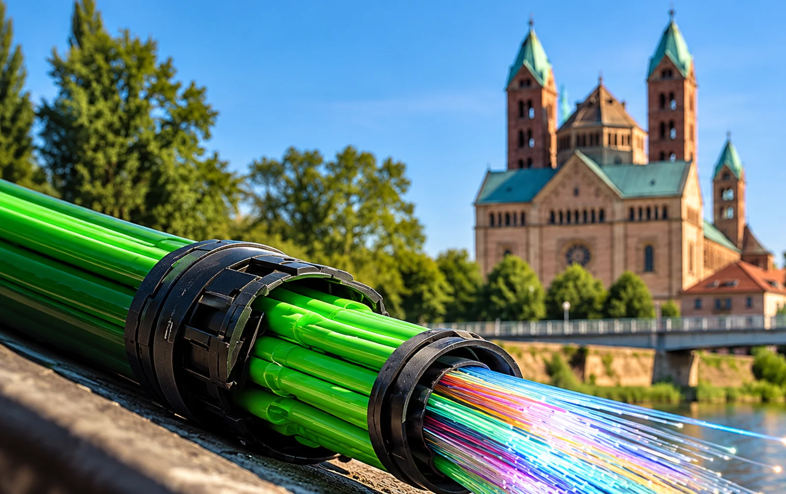 Lichtleitfasern und Glasfasertechnik vor dem Speyerer Dom, Illustration